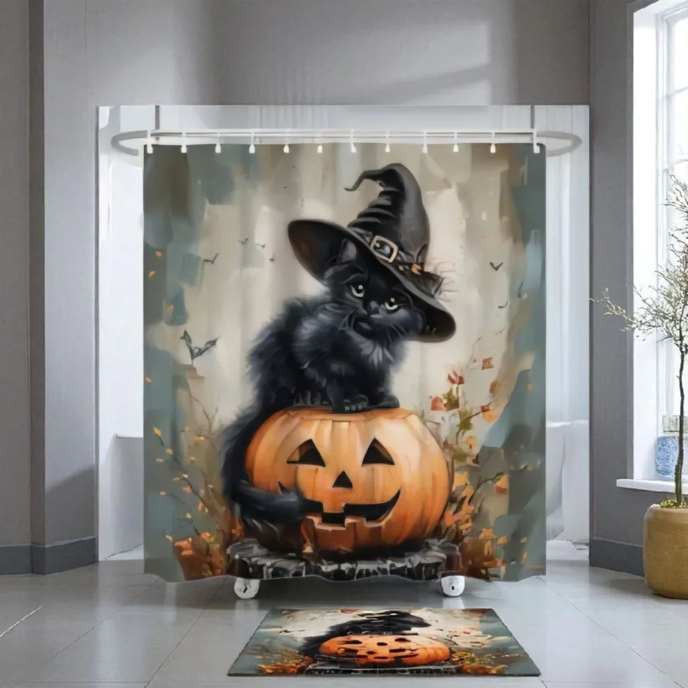 Trending Halloween Cat & Pumpking Shower Curtain 12 White Plastic Hooks Included